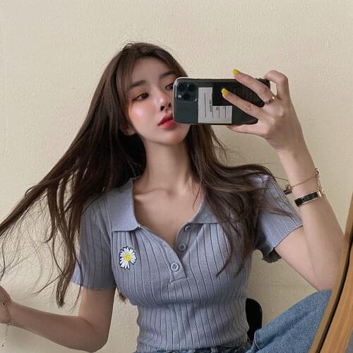 Woman TShirts Summer Embroidered Top Polo Collar Knitted T-shirt for Women Crop Top Mujer Camisetas