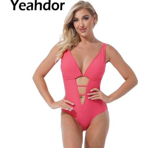 Women One-piece Swimwear Swimming Beachwear Deep V Neck Removable Pads Cut-out Front Open Back Bodysuit Beach Bikini Swimsuit
