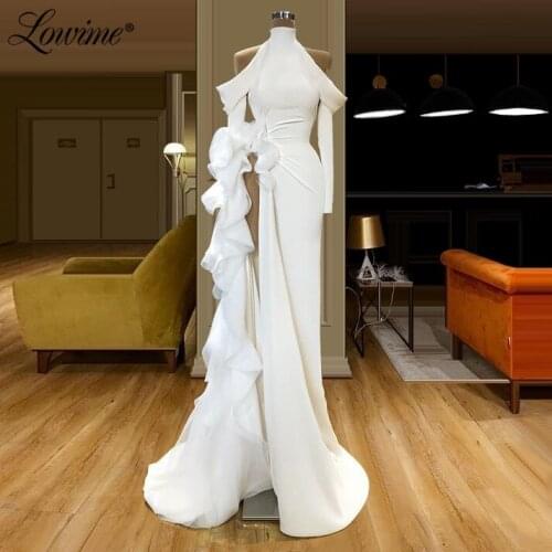 Long Sleeves Mermaid Evening Dress High Split Side White Party Gowns 2020 Saudi Arabia Prom Dresses Vestidos De Fiesta De Noche