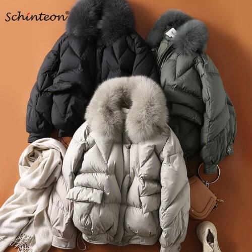 2020 Schinteon Women Down Jacket with 100% Real Fox Collar Coat Loose Outwear Winter Jackets Fashion Over Size