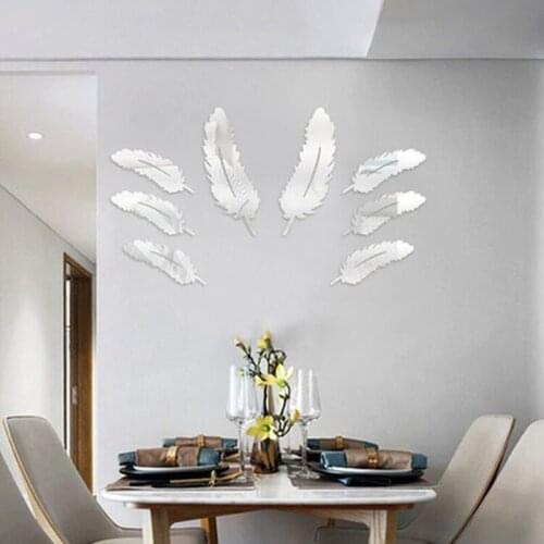 8 pcs/lot Creative Feather Designed 3D Mirror Child Kitchen Home Decor Wall Sticker Adesivo De Parede Vinilos Paredes