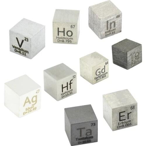 New Arrival 9 PCS Element Metal Cube Set 10mm Density Cubes Up 99.99% Purity Hafnium Indium Vanadium Silver Te Ho Gd Ta Er