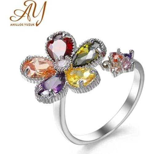 Anillos YuzukTourmaline Stone Vintage Multicolor Elegant Flower Ring Real 925 Sterling Silver Fine Jewelry Rings For Ladies