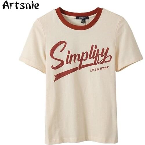 Artsnie Streetwear Letter Print T Shirt Women Summer O Neck Short Sleeve Tops Femme Khaki Casual Loose Ladies T-shirts Tee