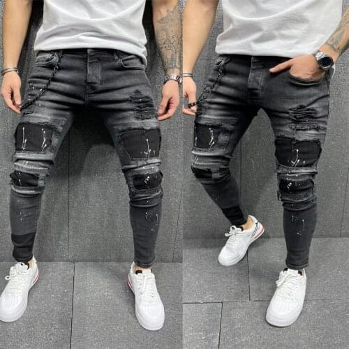 Hip Hop Hole Denim Jeans Men Patchwork Ripped Bleached Black Printed Stretch Skinny Pencil Pants Streetwear Male Wild