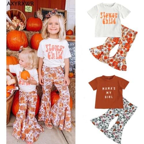 2-7Years Fashion Girls Summer Clothing Children Kids Girls Casual Outfits Letter Print Short Sleeve T-shirts+Floral Flare Pants