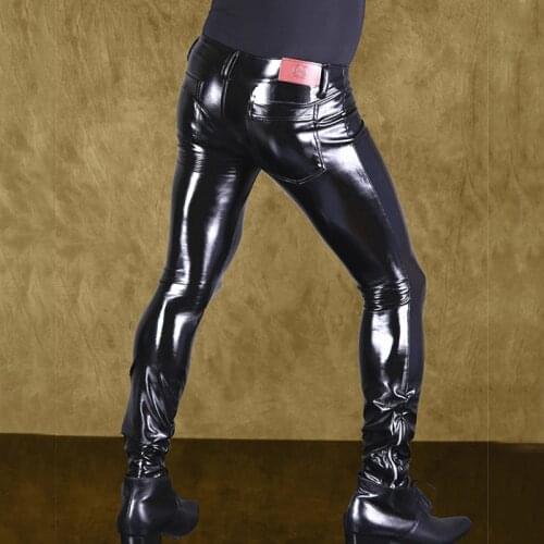 Sexy Mens High Elastic PVC Pencil Pants Stage Cool Bright Shiny Fashion Punk Leggings Zipper Front Motorcycle Pants Gay Wear