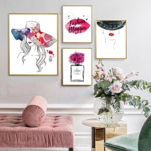 Fashion Wall Art Poster Perfume Lips Make Up Canvas Painting Abstract Hat Girl Pictures for Modern Living Room Home Decor