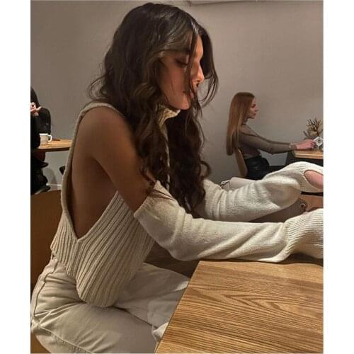 Fashion womens vest knitted sweater 2021 new sexy high neck solid color short pullover