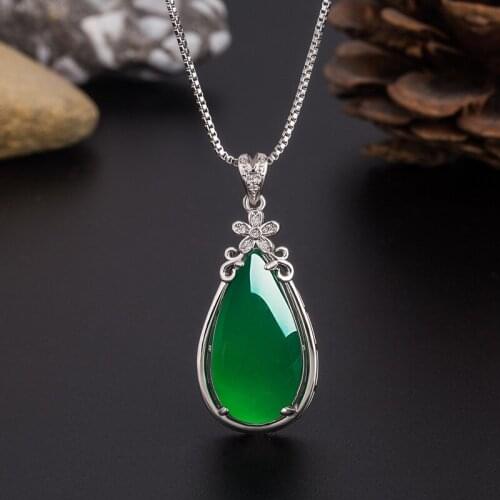 Natural Green Jade Chalcedony Water Drop Pendant 925 Silver Necklace Chinese Carved Charm Jewelry Fashion Amulet for Women Gifts