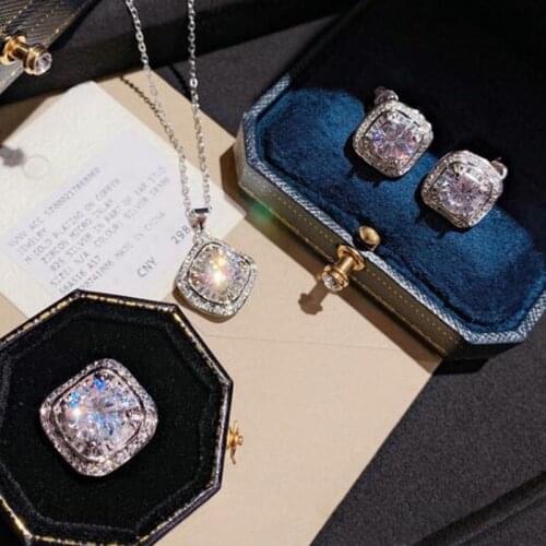 New Luxury Solid 925 Sterling Silver Bling Cubic Zircon Stone Jewelry Set for Women Ring Earrings Necklace Korea Fashion Jewelry
