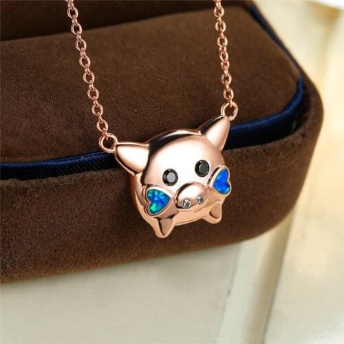 Charm Female Blue Heart Pendant Necklace Rose Gold Silver Color Chain Necklaces For Women Cute Opal Crystal Pig Wedding Necklace