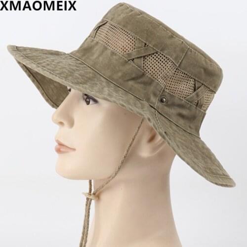 XMAOMEIX Summer Mens Panama Bucket Hat Breathable Mesh Fishing Cap Womens Beach Hats Washed Cotton Men Flat Cap Climbing Hat