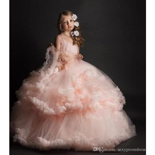 Amazing Pink Ruffles Ball Gown Girls Pageant Dresses 2017 Spaghetti Tiered Tulle Flower Girl Dresses For Wedding Custom Made Chi