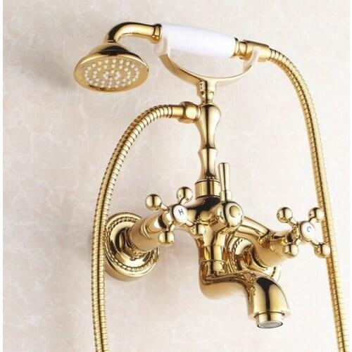 Luxury Gold Polished Brass Dual Cross Handle Rain Bathroom Shower Tub Faucet Set + Telephone Style Hand Shower atf082