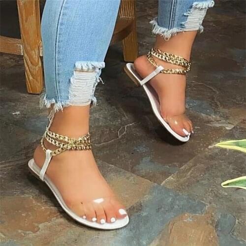 Summer New Style Flat Sandals Fashion Solid Color Chain Open Toe Outdoor Womens Shoes Plus Size2021