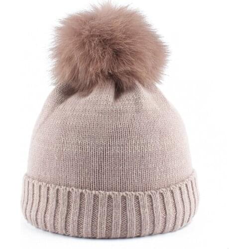 Mink and fox fur ball cap pom poms winter hat for children boy girl 's hat kids baby Wool knitted beanies caps