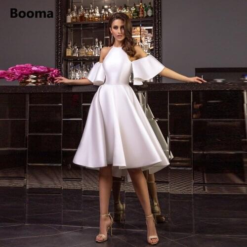 Booma Simple Satin Short Wedding Dresses Halter Off Shoulder Flounce Sleeves Knee-Length Birde Dresses A-Line Wedding Gowns