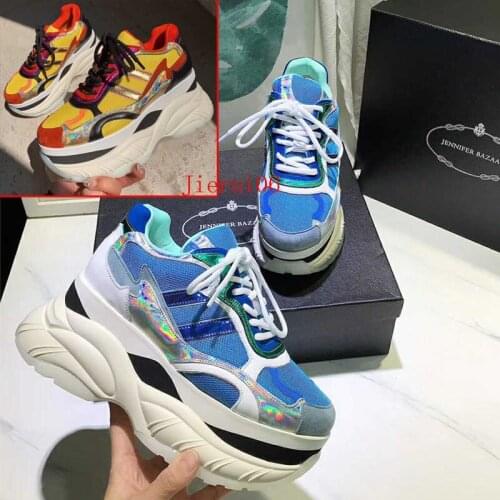 Women High Platform Chunky Shoes Spring Genuine Leather Female Sneakers Lace-Up Round Toe Heels Colorful Blue Luxury Designer