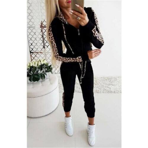 Women Casual Leopard Print Splicing Suits Female Long Sleeve Stand Collar Zipper Cardigan+Slim Elastic Pencil Pants Exercise Set