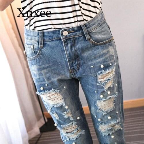 Plus Size Distressed Ripped Jeans For Women hole Destroyed Jeans With Beads Pearl Jeans Woman Slim Harem ankle Denim Pants