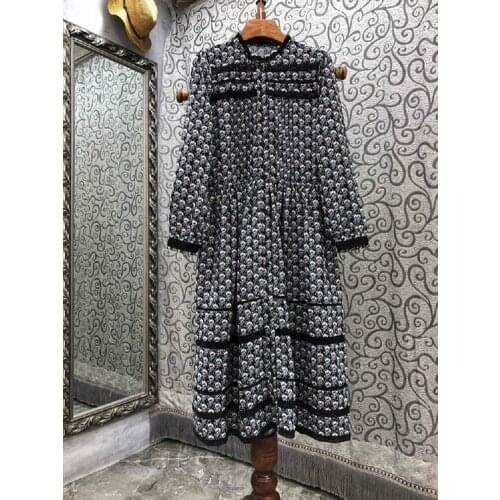 Top Quality Womens Dress 2021 Autumn Women Elegant Little Floral Embroidery Long Sleeve Mid-Calf Casual Vintage Retro Dress