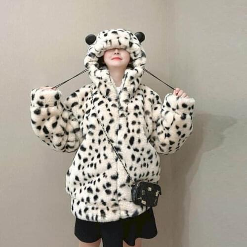 2021 Winter Cotton Jacket Korean Loose Plus Size Lamb Wool Velvet Coat vintage Harajuku Leisure Hooded collar Leopard Print