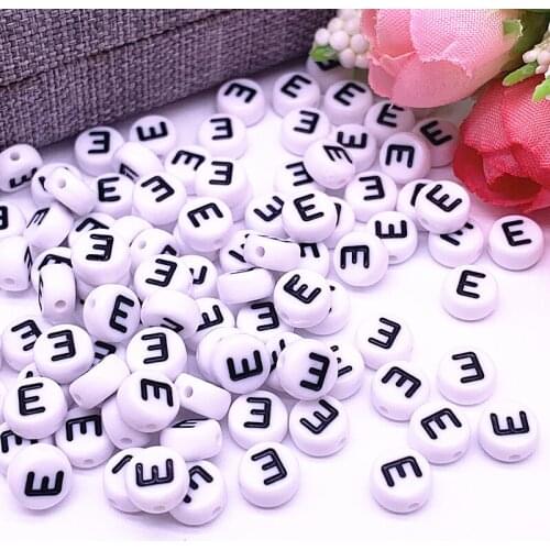 100pcs/lot 7x4mm "E" White Round Alphabet/ Letter Acrylic Loose Spacer Beads for Jewelry Making DIY Bracelet Accessories