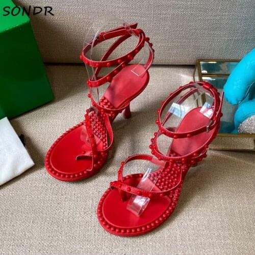 Fashion Rivets Cross-tied Women Sandals Ankle Strap Party Shoes Woman High Heel Gladiator Sandals Summer Split Toe Strappy Shoes