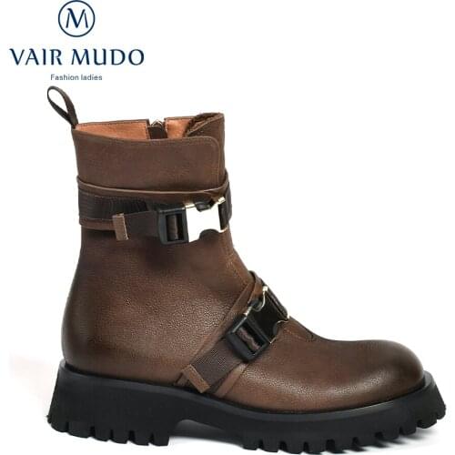 VAIR MUDO Ankle Boots Shoes Thick Bottom Round Toe Brown Black Elegant Motorcycle Boots Solid Genuine Leather Fashion WM-X176-C