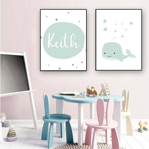 Kids Decoration Picture Boys Bedroom Decor Custom Name Baby Nursery Wall Art Canvas Painting Cartoon Whale Print Nordic