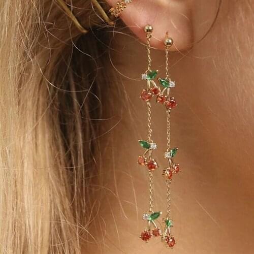 Long dangle chain cz cherry charm link chain dangling drop earring romantic girl women jewelry