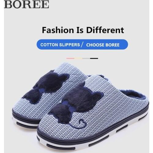 Women Home Slippers Cartoon Cat Flat Shoes Soft Fur Slides Unisex Indoor Slippers Winter Warm Shoes For Men With Free Shipping