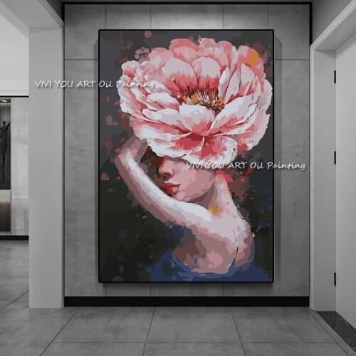 The Modern Secret Flower Woman Girl Face Handpainted Pink Abstrat Oil Painting Canvas Home Decoration Wall Palette Art Picture