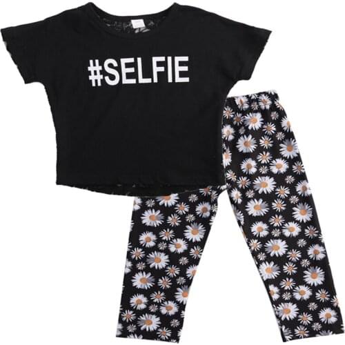 Cool 2 Pieces Toddler Kids Girls Hallow Lace Top T-Shirt and Floral Pants Leggings Outfits Set Casual