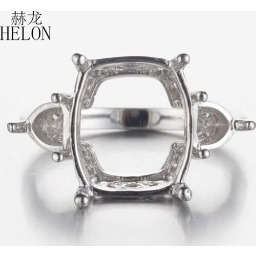 HELON Three Stones 925 Sterling Silver 13x10mm Cushion & 4.5mm Trillion Semi Mount Engagement Wedding Ring Fine Jewelry Gift