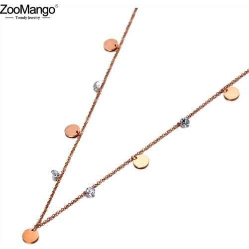 ZooMango Fashion Stainless Steel Small Disc Charm Choker Necklaces Bohemia CZ Crystal Pendant Necklace For Women Girls ZN20008