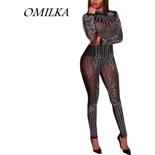 OMILKA 2018 Spring Women Long Sleeve Back Zipper Diamonds Mesh Rompers and Jumpsuits Sexy Black Beige Night Club Party Overalls