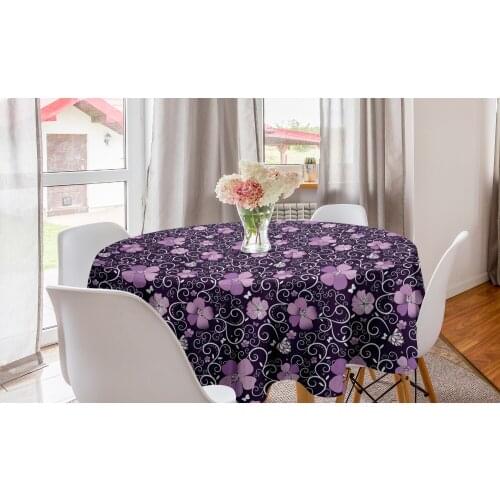 Floral Round Tablecloth Butterfly Silhouette with Plant Flower Circle Table Cloth Cover for Dining Room Kitchen Decor & Party