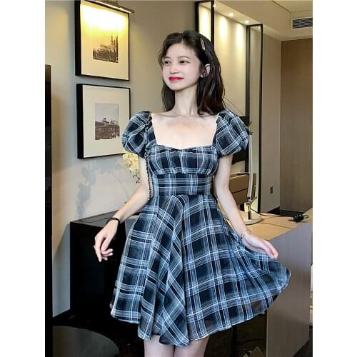 Square Collar short sleeve black plaid women dress backless bandage high waist short dresses Summer elegant lady dress