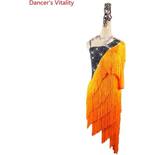 Latin Dance Dress senior AB stones fringes Competition dress Custom Adult child Performance Clothes Girls Rumba Dresses