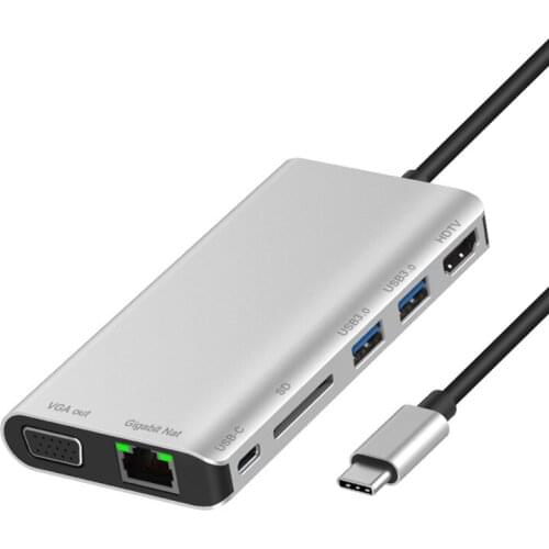 Type-C Multi-function Dock Station with USB3.0x2/SDx1 Card+HDMI-compatible VGA+JACK 3.5+RJ45+Type-c(PD) Port