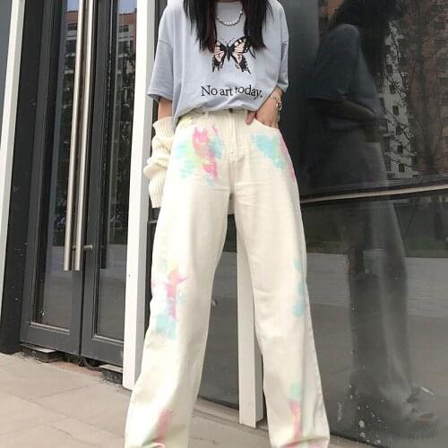 2021 New Womens Jeans Spring Fashion Tie-dyed Streetwear High Waist Wide Leg Pants White Baggy Harajuku Straight Denim Trouser