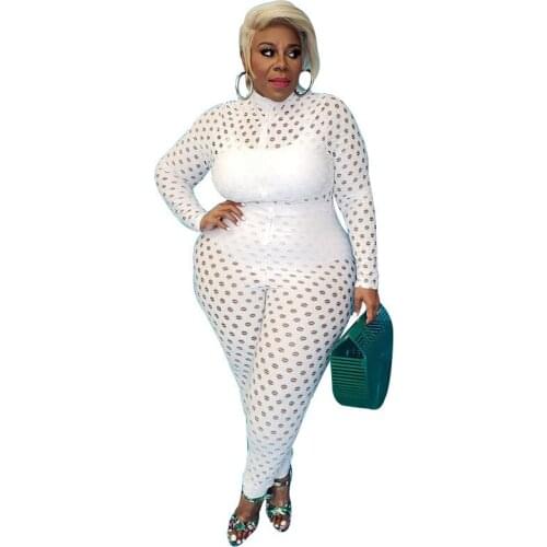 New Plus Size Jumpsuit Sexy Hollow Out Pure White Set Bodycon Curved Zipper Outfit Trendy Autumn Clothes Women Wholesale