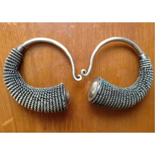 Wholesale free shipping >>Charming Tibet Tribal Jewelry Miao Silver Big Hollow Earrings pair