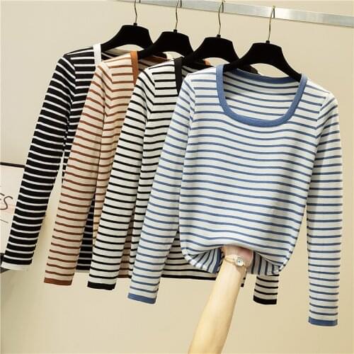 Spring and Autumn Womens Sweaters Fashion Square Collar Computer Knitted Stripe Woman Sweaters Short Style Slim Lady Sweaters