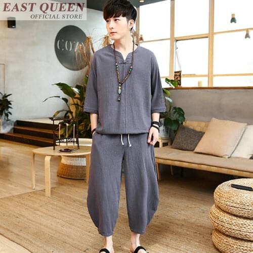 Traditional chinese clothing for men two piece set top and pants solid casual loose clothing set chinese clothing store FF395 A