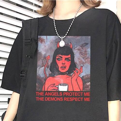 SUNOWE Womens fashion T-shirt The Angels Protect Me The Demons Respect Me print T-shirt chic Harajuku vintage BF loose top