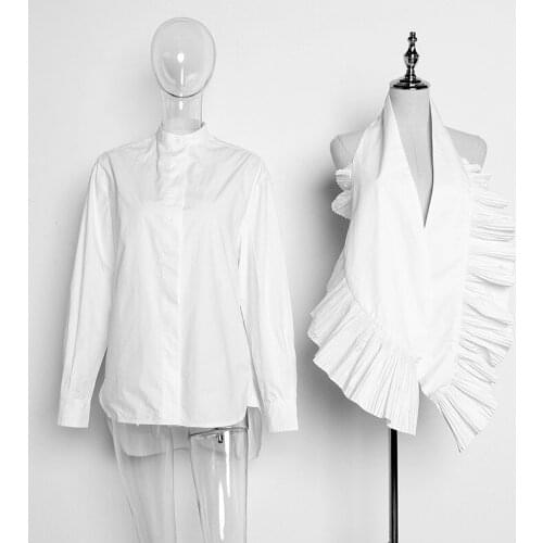 Personality Womens Pleated Details Long Sleeve Blouse Top Solid Color Pleated Shirt