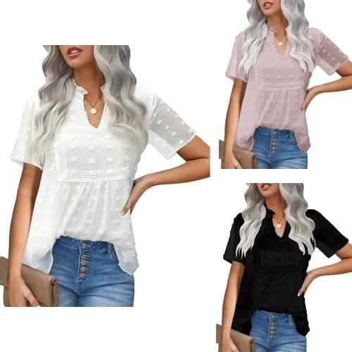 Womens Casual Chiffon Shirt V-neck Loose Swiss Polka Dot Top Crochet Lace Solid Color Robe Top Boho Style Spring Summer